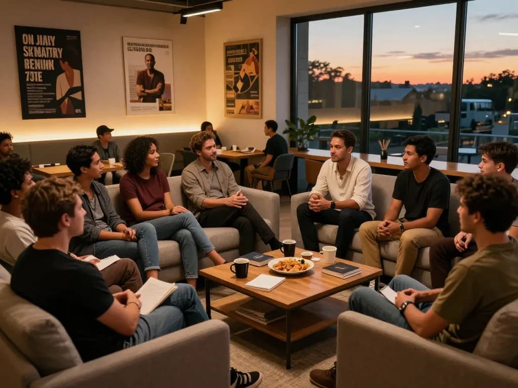 Men engaging in a supportive discussion at a manclub community gathering.
