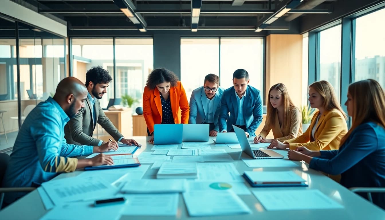 Collaborating on Contract Management in a modern office environment with diverse professionals.