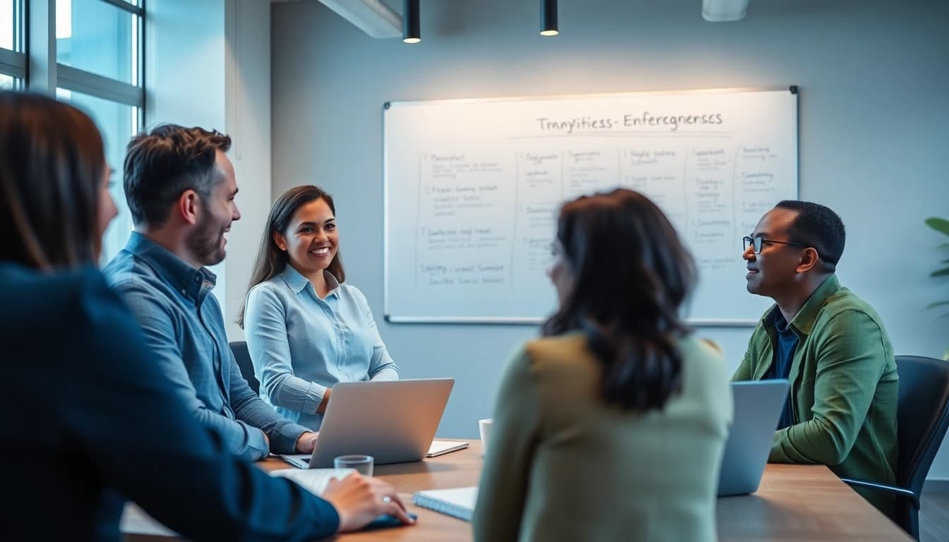 Engaging business coaching near me session with diverse entrepreneurs in a vibrant office environment.