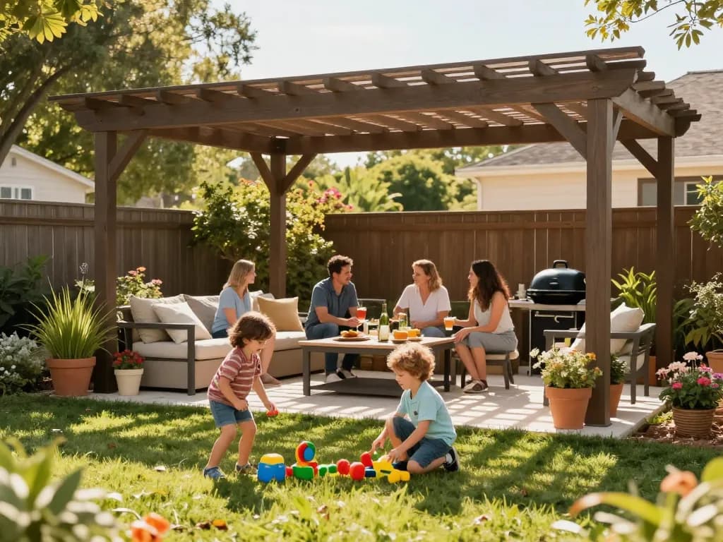 Custom pergola configurator showcasing a family enjoying a sunny backyard under a stylish pergola.