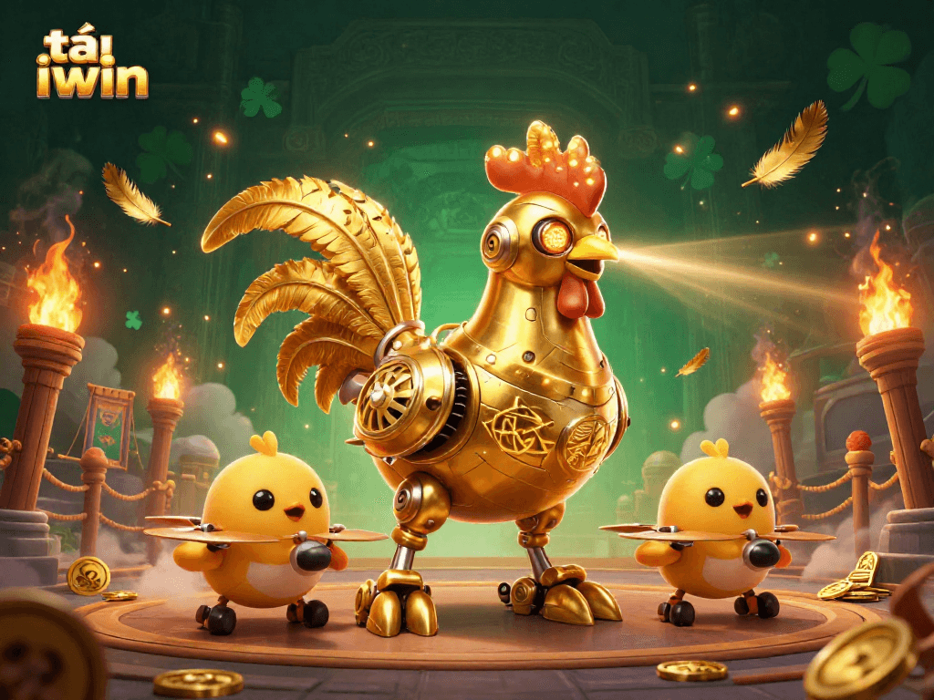 Tải iwin with a golden rooster robot and baby chick drones in a dynamic casino scene.