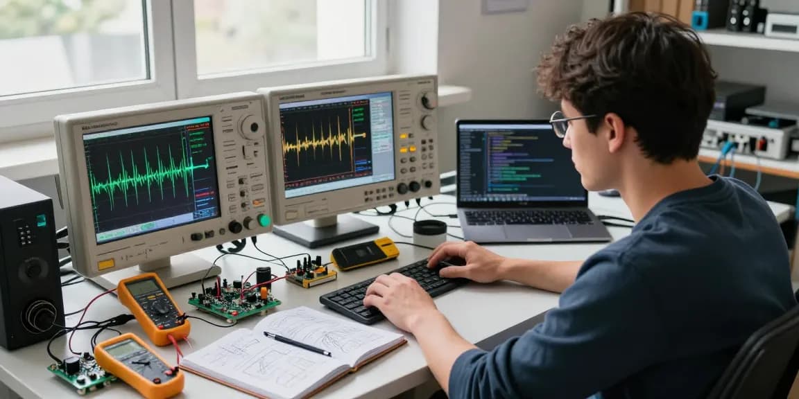 Engineer using a desktop oscilloscope to measure electronic signals in a modern tech workspace.