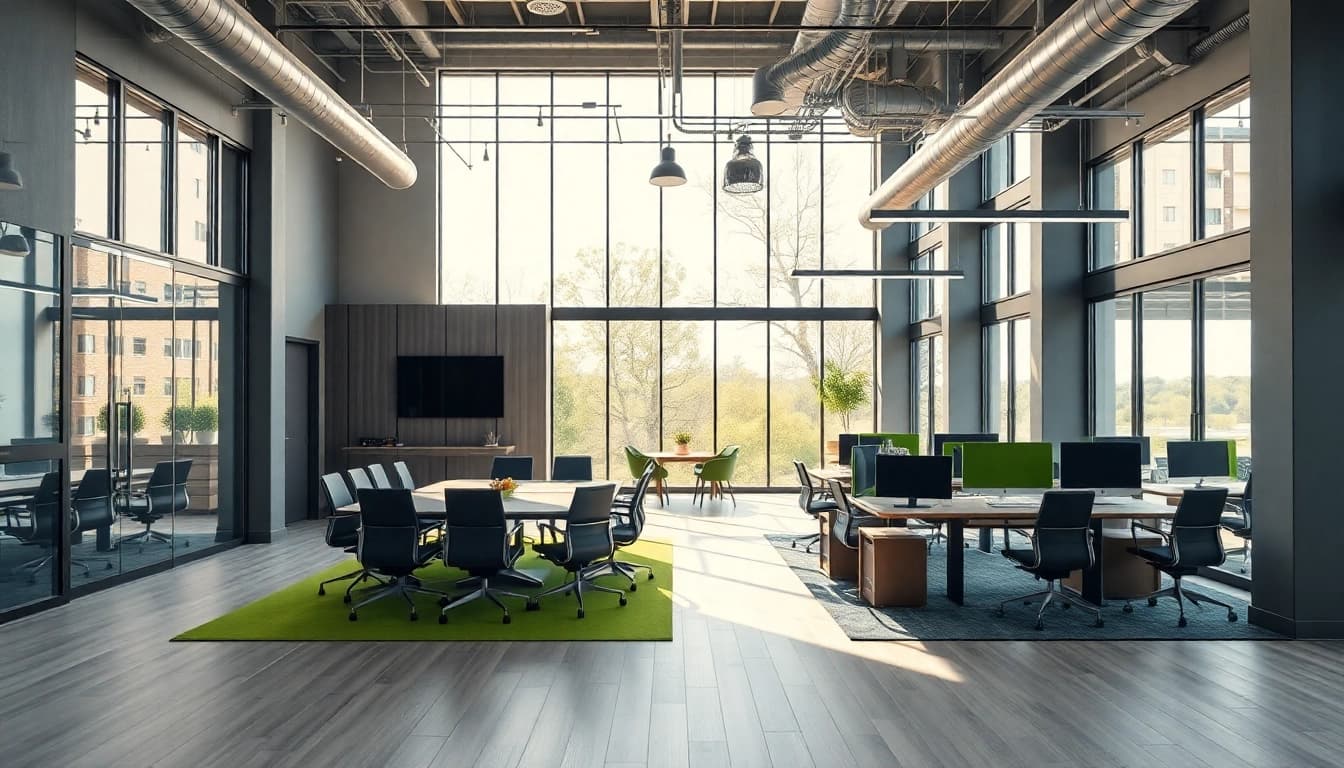 Office renovation contractor Austin transforming a modern workspace with vibrant designs.