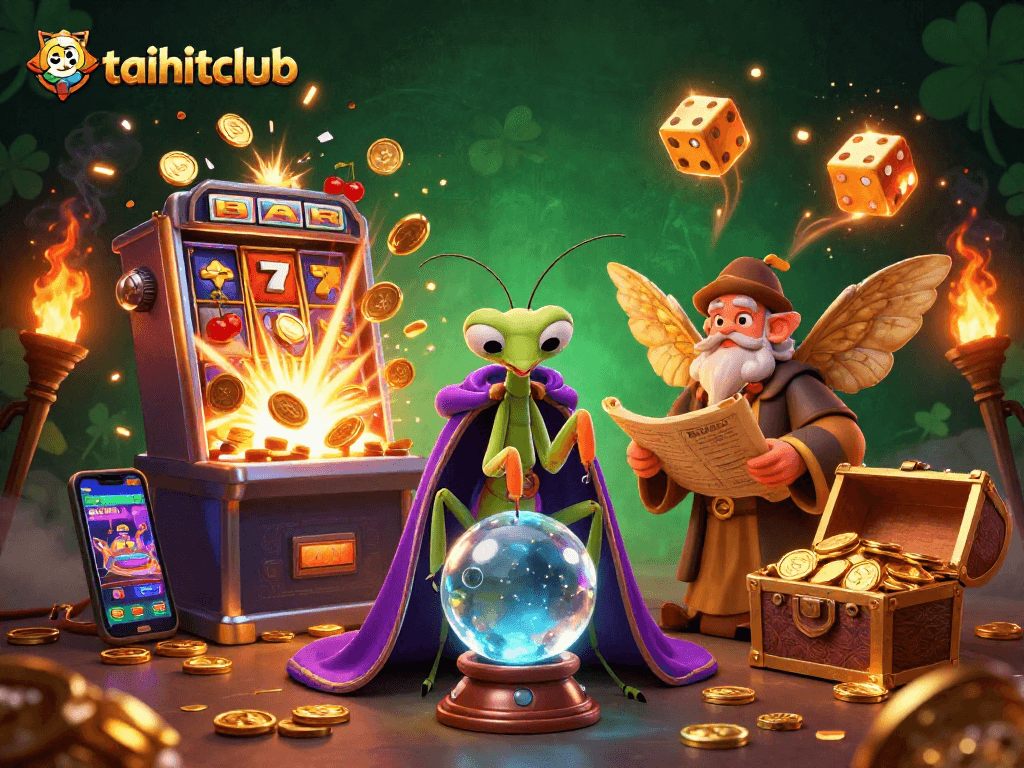 Experience taihitclub's vibrant casino world with a fortune teller and explosive jackpot illustrations.