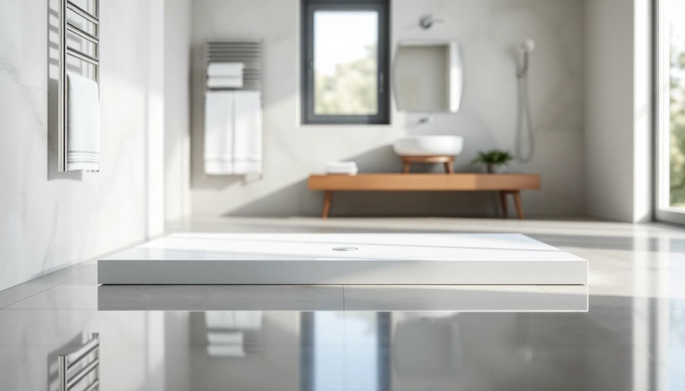 Featuring an elegant 800 x 800 shower base in a bright, modern bathroom.