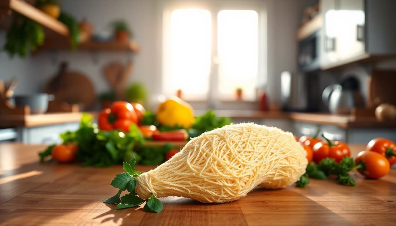 Clean kitchen loofah displayed on a wooden counter with fresh vegetables, highlighting its natural texture.