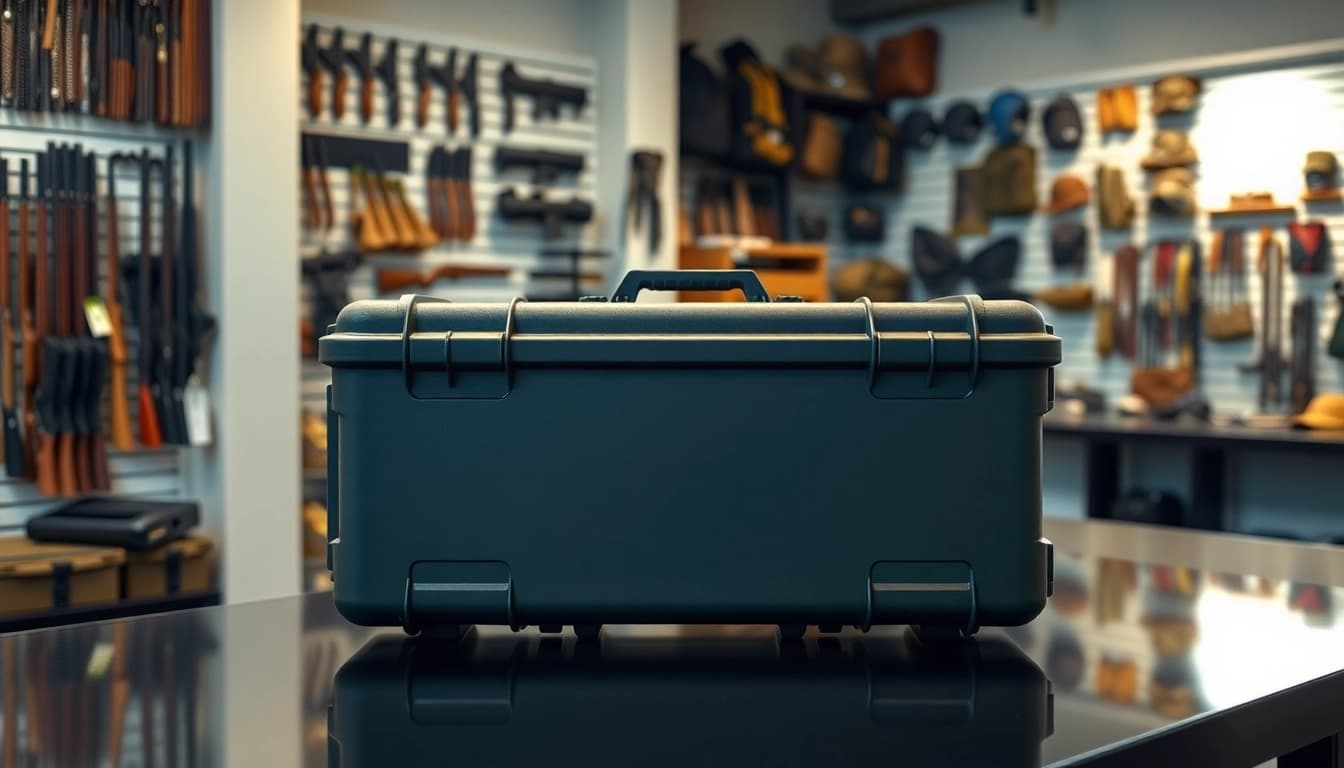Showcasing a Pelican gun case for sale in a stylish setting with firearm accessories.