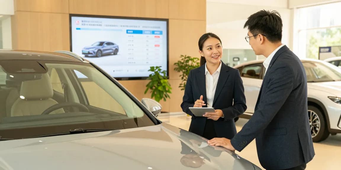 Car check UK service in a vibrant car dealership showcasing vehicle history checks and customer engagement.