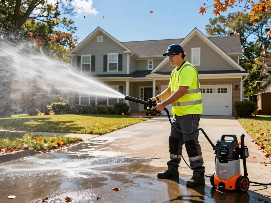 Atlanta pressure washing company team expertly cleaning a residential property in bright sunlight.