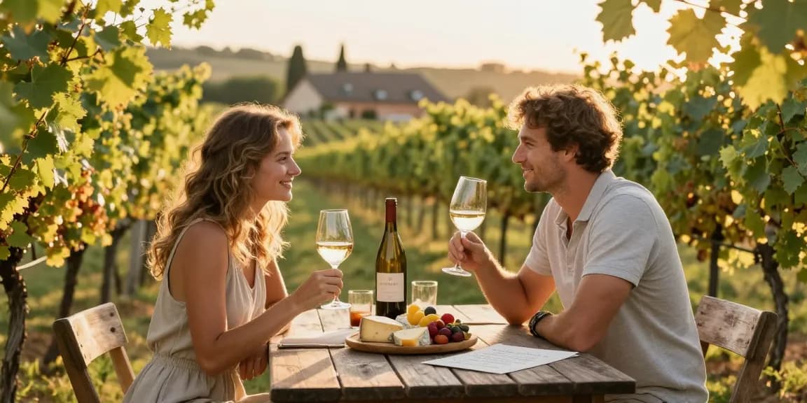 Couple enjoying Chattoowines at a vineyard, surrounded by grapes and cheese.