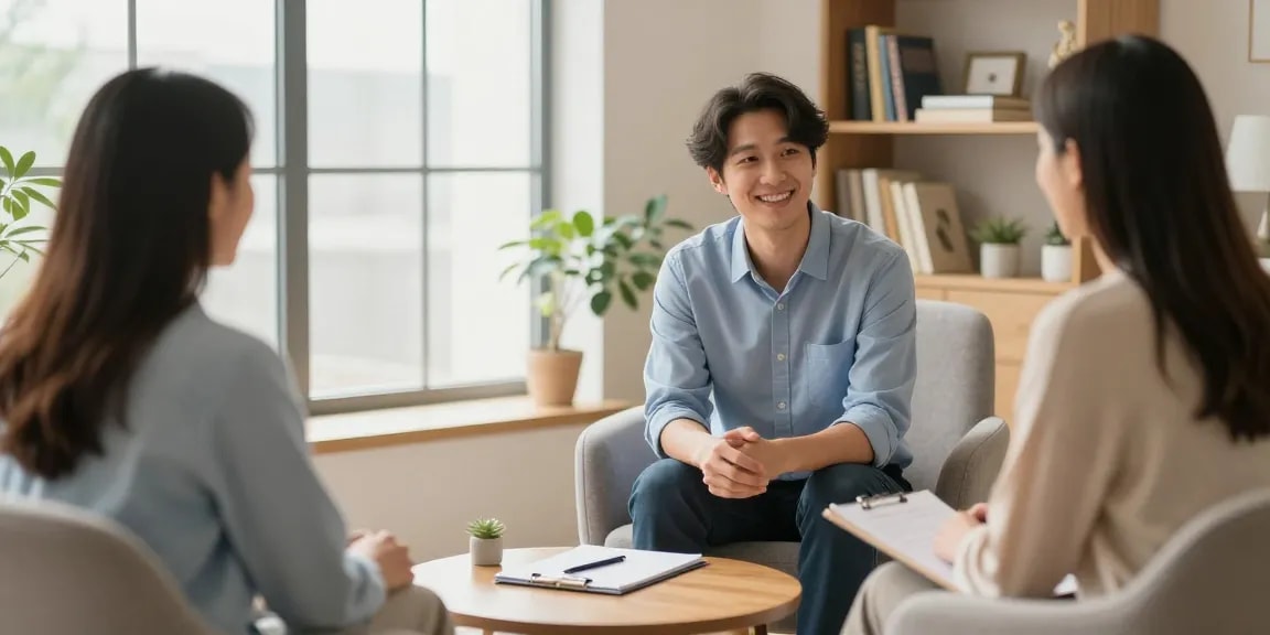 Anxiety disorder consultation scene with psychiatrist offering support, creating a welcoming atmosphere for addressing 焦慮症.