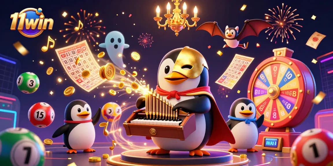 Engaging illustration showcasing 11win with a penguin playing an organ, surrounded by lottery elements.