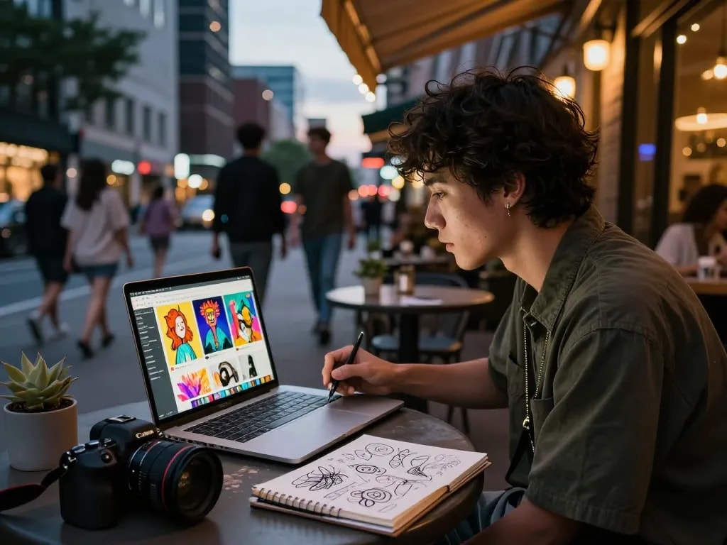 Engaging urban scene depicting creator interacting with NSFW art on laptop at twilight.