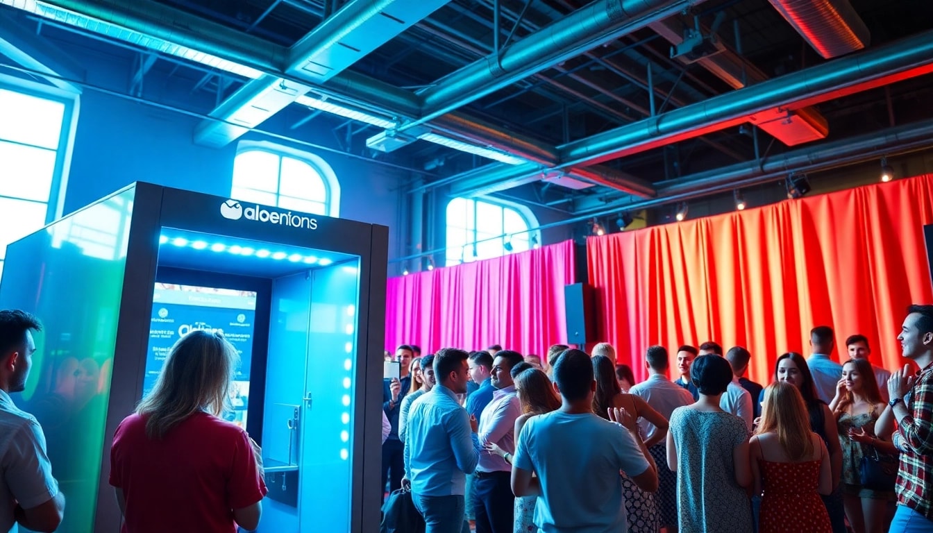 Engaged guests enjoying a photo booth rental with vibrant props and colorful decor.