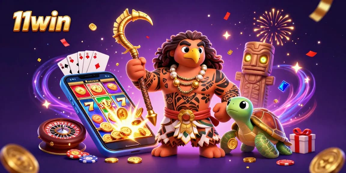 Engage with thrilling slots at 11win featuring vibrant characters in a festive casino scene.