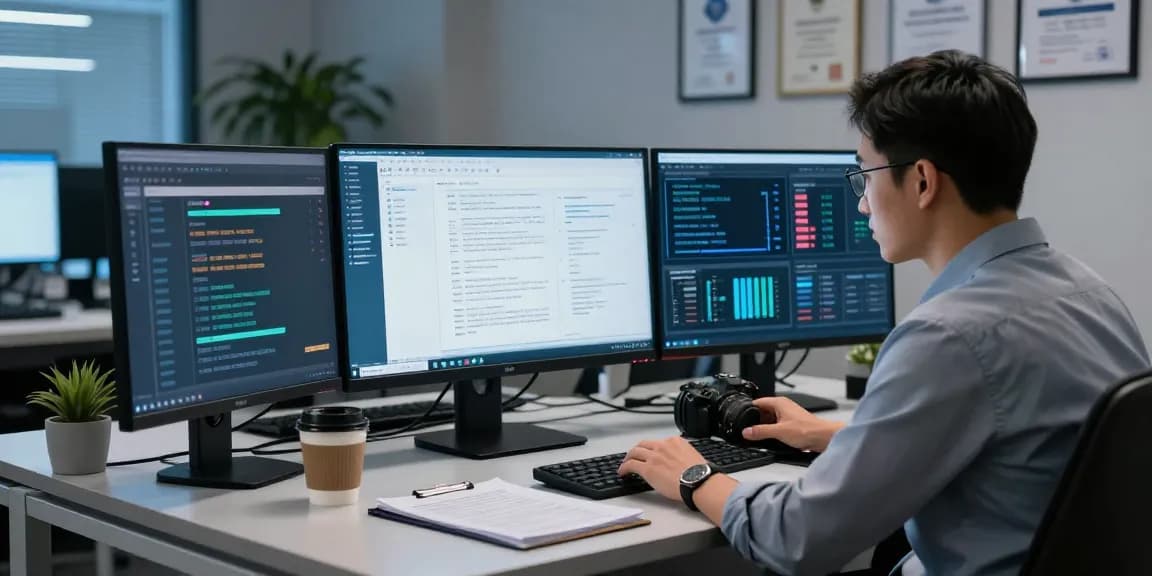 Document fraud detection analysis in a modern office with data software being reviewed by a security analyst