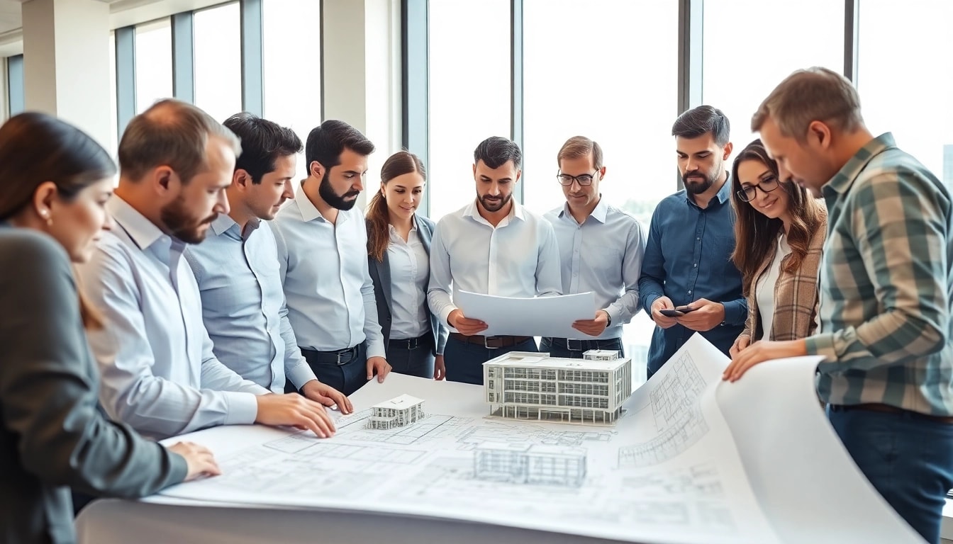 Manhattan Commercial General Contractor team collaborating on a project with blueprints.