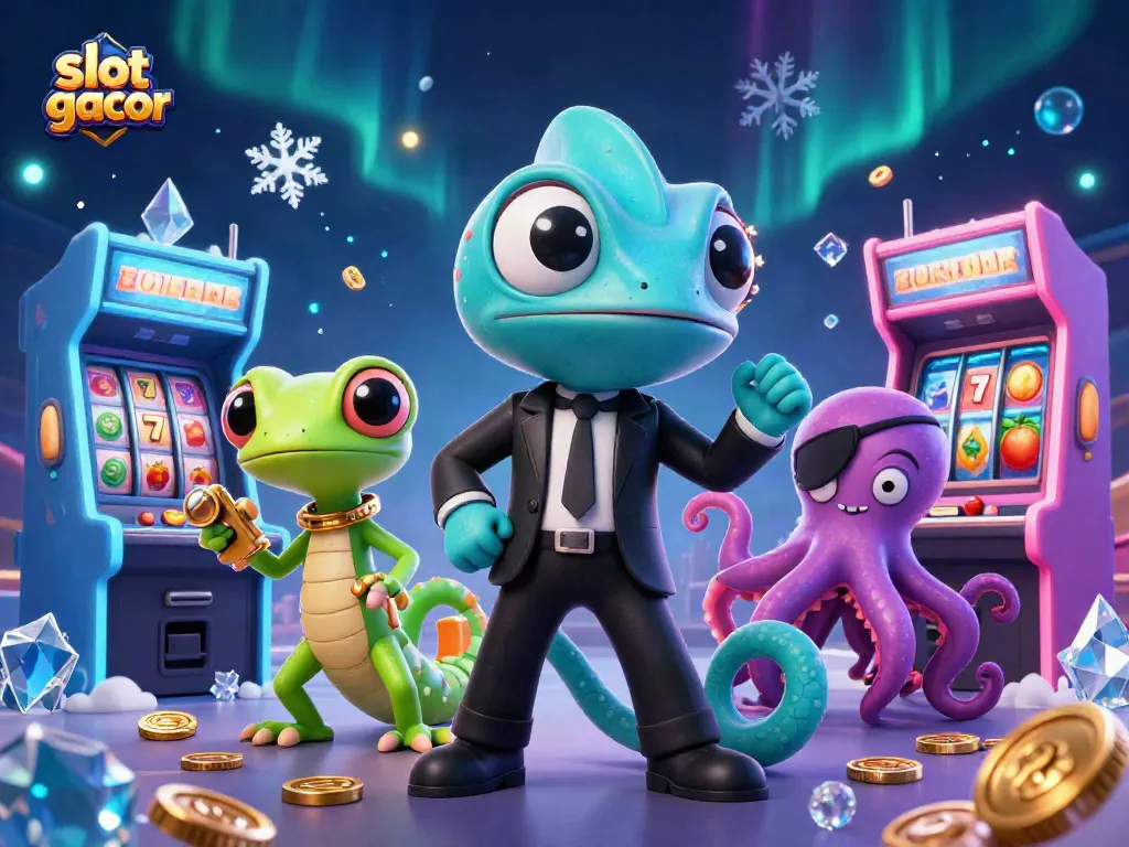 Experience the thrill of slot gacor with a 3D illustration featuring colorful casino elements.