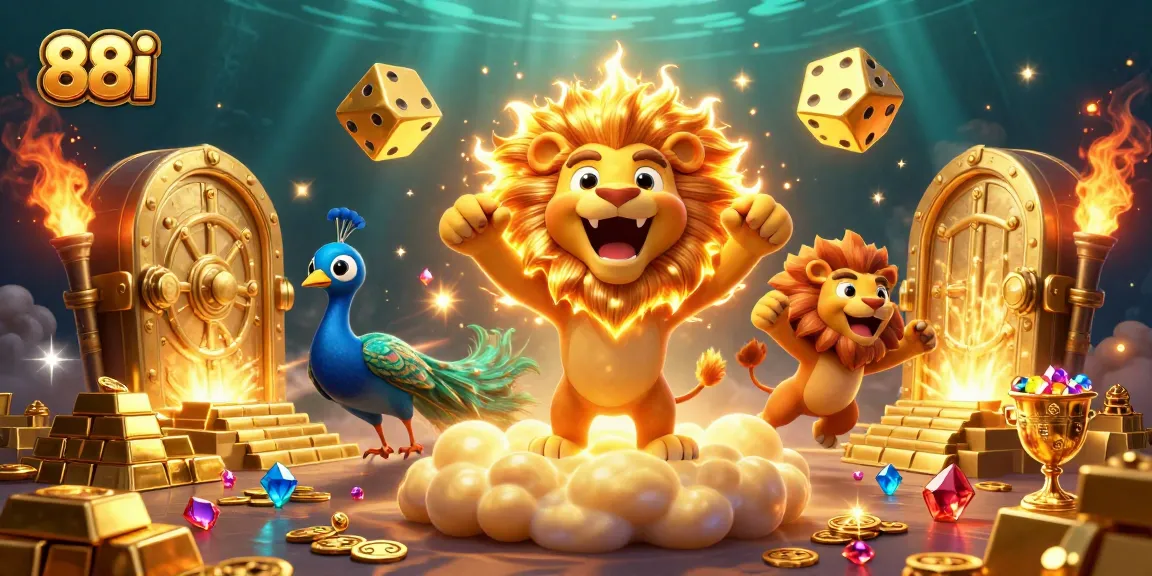 Win big at 88i's casino with vibrant golden treasures and a roaring lion.