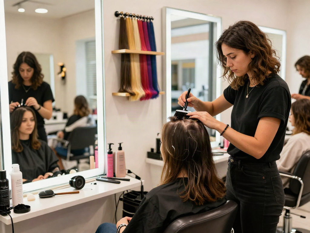 Stylist applying scalp hair fill-ins, enhancing client's hair volume and style.