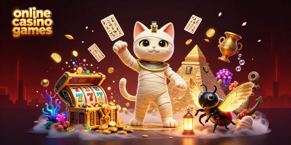 Engage in dynamic online casino games with a vibrant 3D scene featuring mummy cat, glowing scarab, and floating slots.