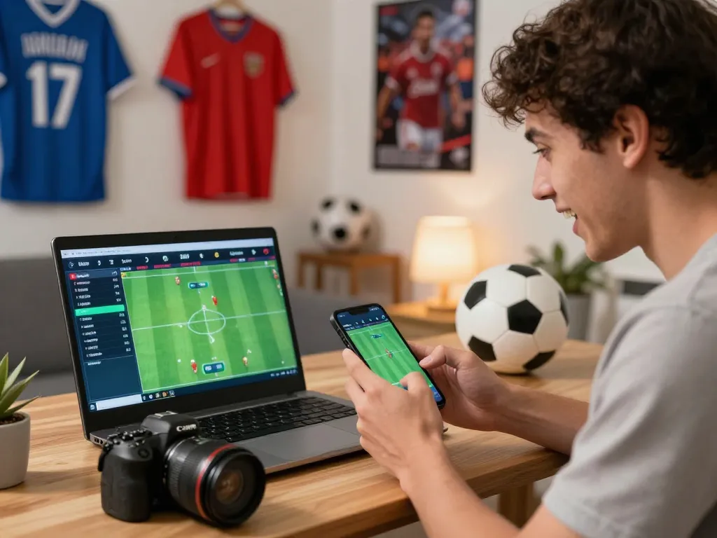 Exciting online betting experience at https://okfun.onl/ with user placing bets on a smartphone amidst sports memorabilia.