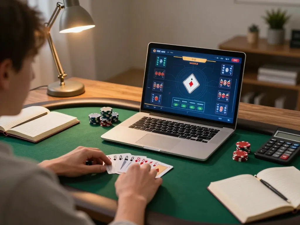 Playing poker online on uu88 com with chips stacked on the table and cards fanned out.