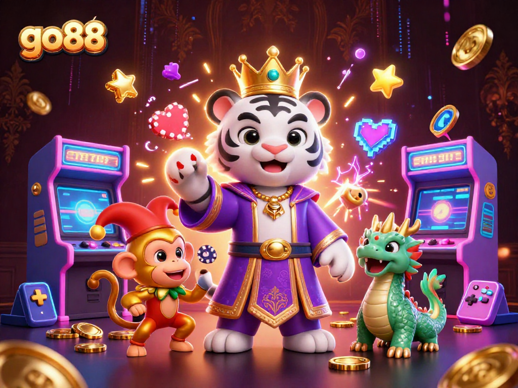 Engage in thrilling gameplay at go88 with an energetic 3D casino scene featuring vibrant characters and games.