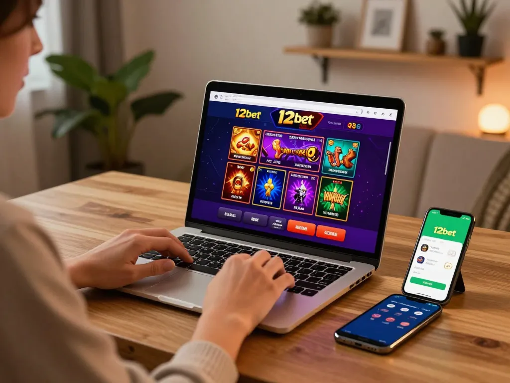 Người chơi sử dụng giao diện 12bet trên laptop trong một phiên chơi trò chơi trực tuyến hấp dẫn.