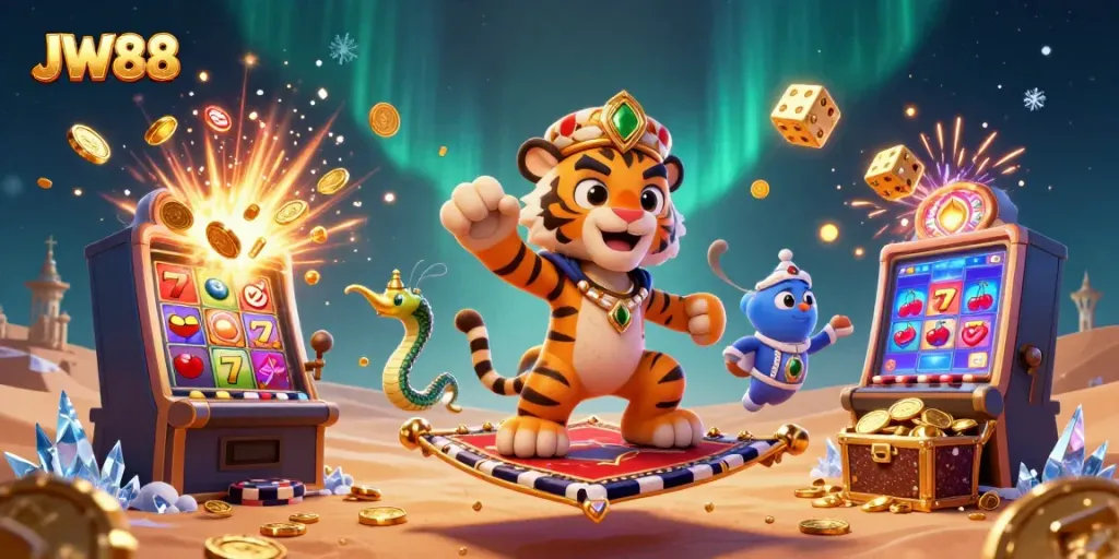 Experience the magic of JW88 with a luxurious 3D casino scene featuring vivid characters and jackpot fun.