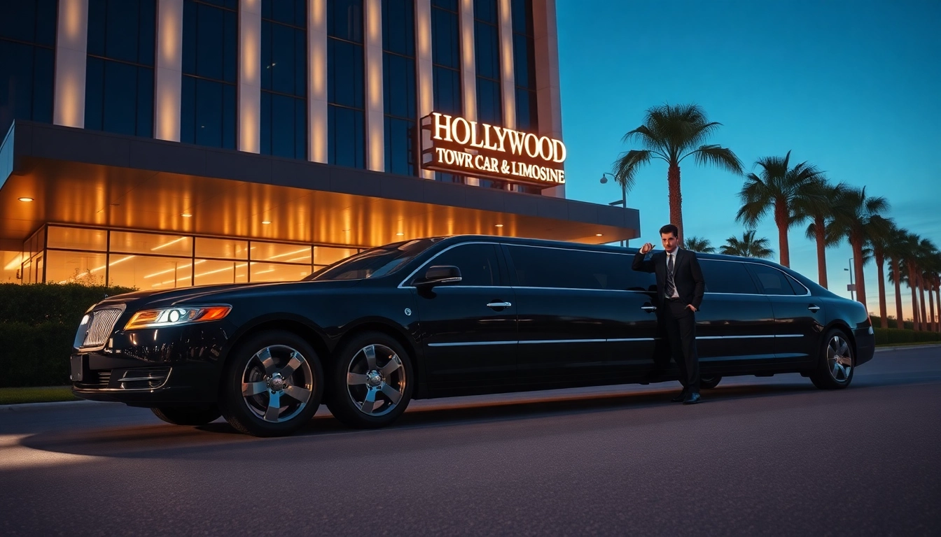 Luxury black limousine from Hollywood Town Car and Limousine parked in front of a Los Angeles hotel at dusk.