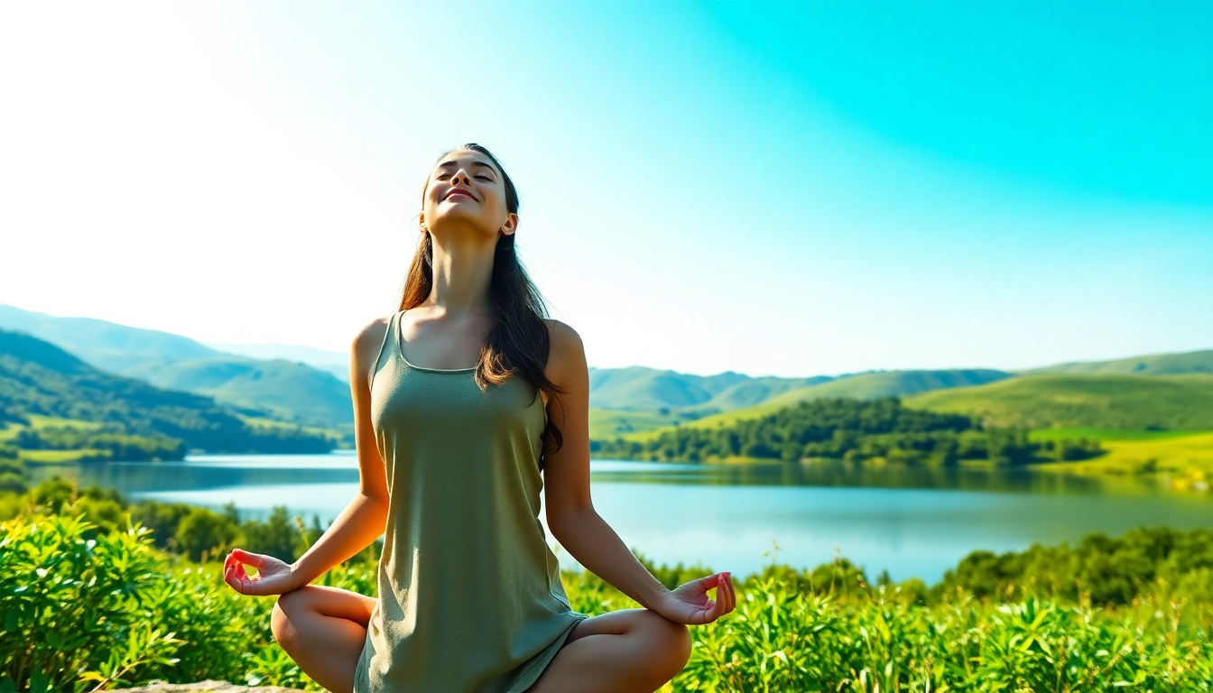 Promoting mental wellness through peaceful meditation in a serene landscape setting.