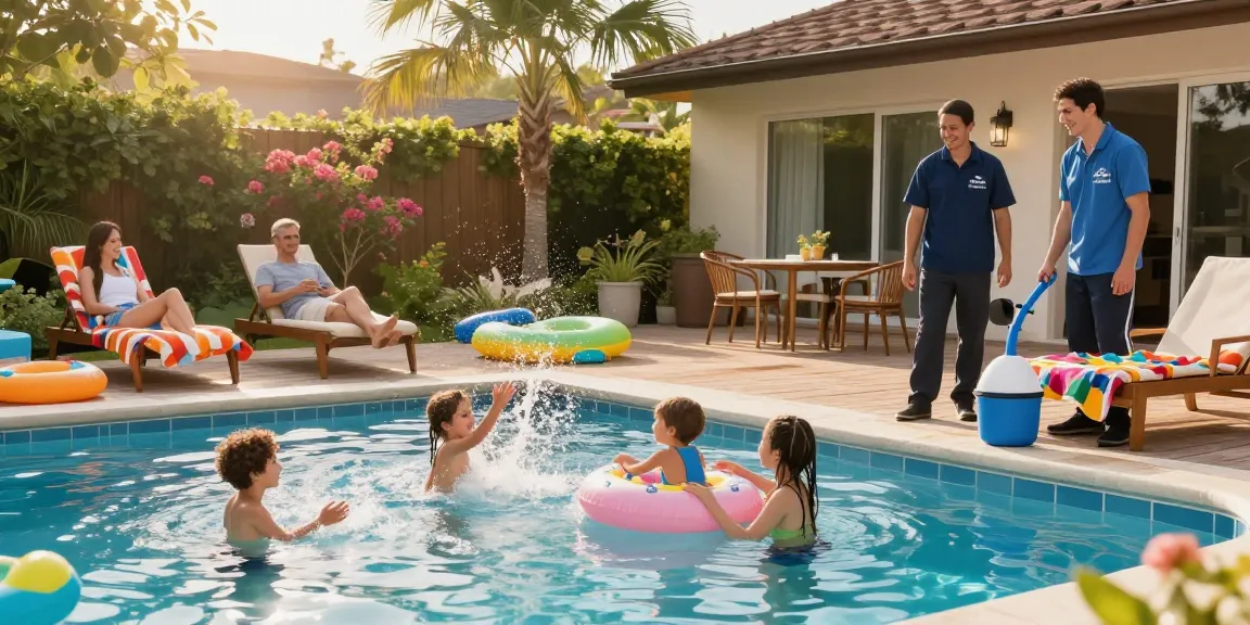 Dolphin Pool Services maintaining a family's pool, showcasing joyful summer vibes with children splashing in water.