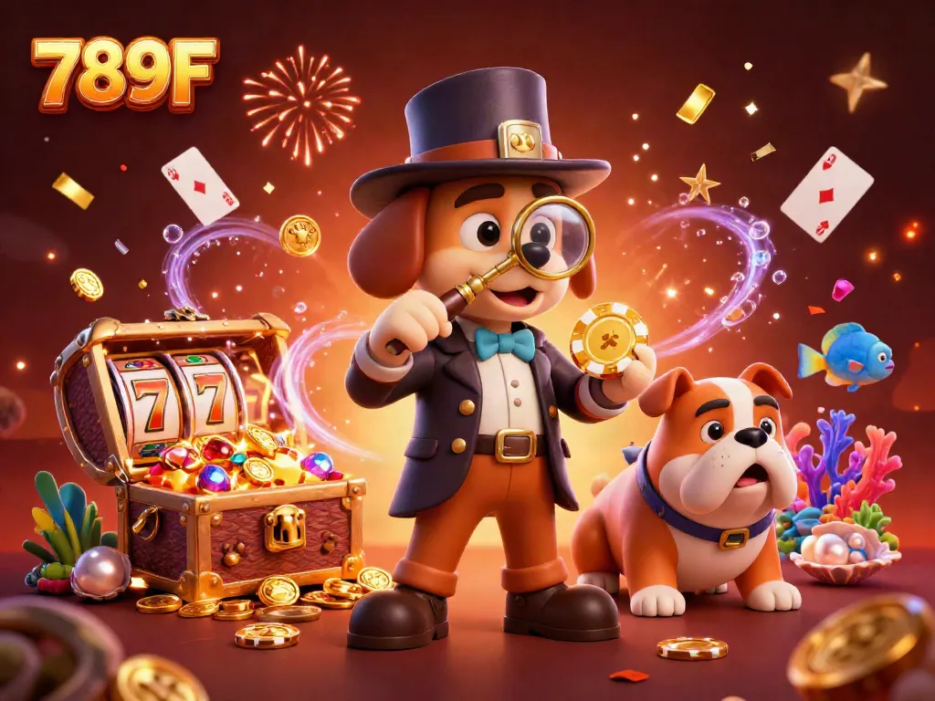 Experience thrilling gameplay with 789F as a cartoon detective uncovers treasures in this vibrant casino scene.