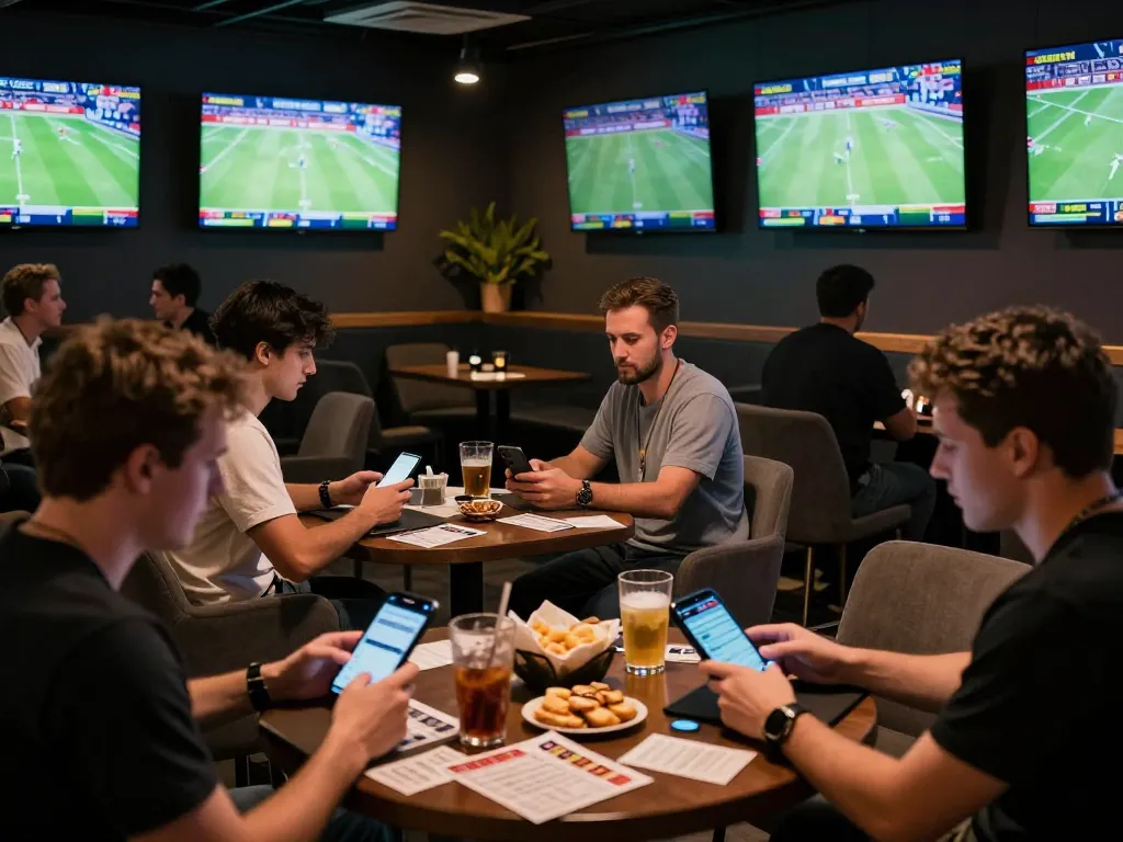 Active sports bettors engaging with https://go8.onl/ in an upscale lounge setting during live game action.
