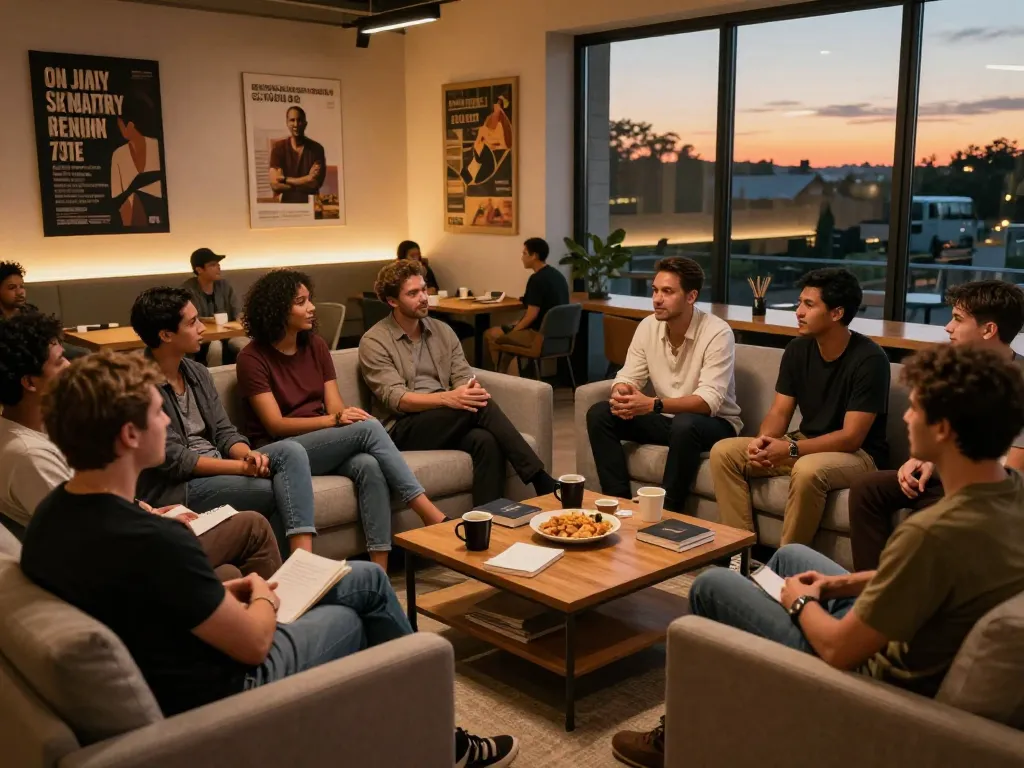 Men engaging in a supportive discussion at a manclub community gathering.