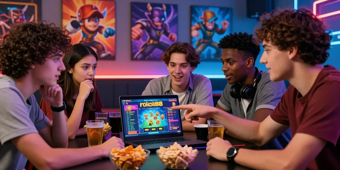 Friends excitedly exploring rokok88 gaming on a laptop with snacks, vibrant atmosphere.