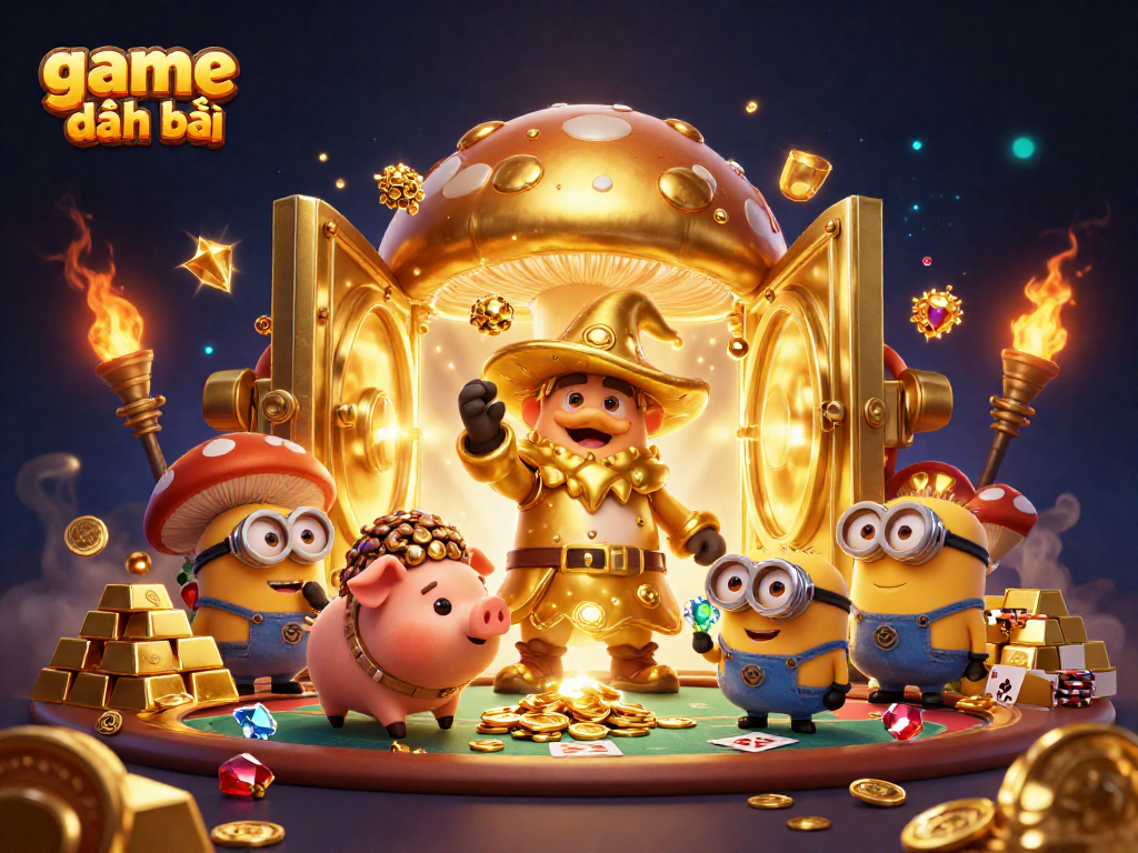 Engage in thrilling game đánh bài with magical mushroom characters amidst a treasure-filled casino.