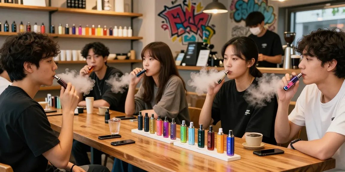 Vape enthusiasts gathering in a Seoul café enjoying premium vape products, highlighting vape seoul culture.