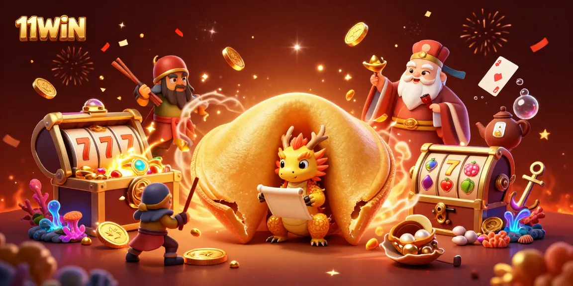 Experience thrilling 11WIN gaming action with animated fortune cookie, golden coins, and slot reels.