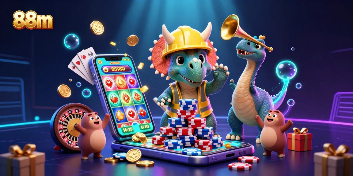 Experience exciting gaming at 88m with a vibrant illustration spotlighting animated casino elements.