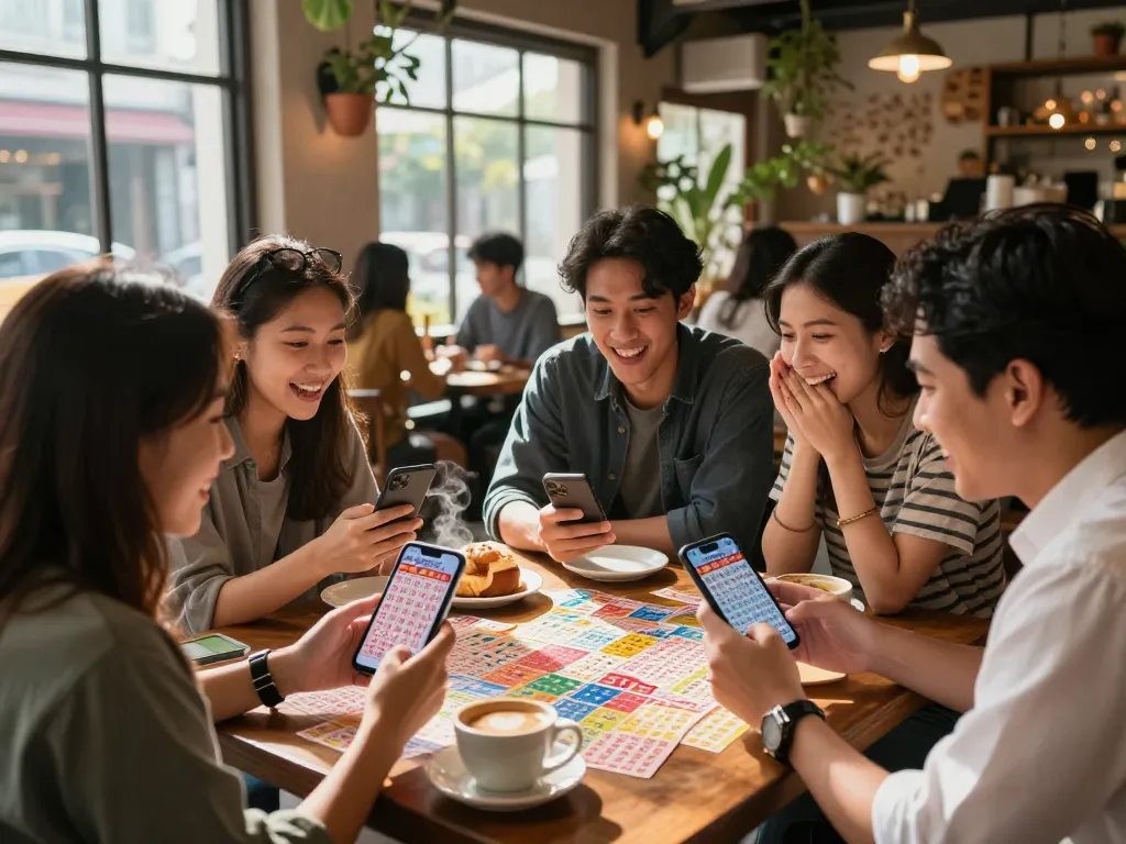 Kegembiraan Keluaran HK Lotto di sebuah kafe dengan teman-teman yang memeriksa hasil dan menikmati kopi.