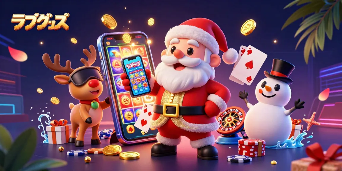 Experience the excitement of ラブグッズ in a vibrant casino scene with Santa, a reindeer dealer, and a poker chip snowman.