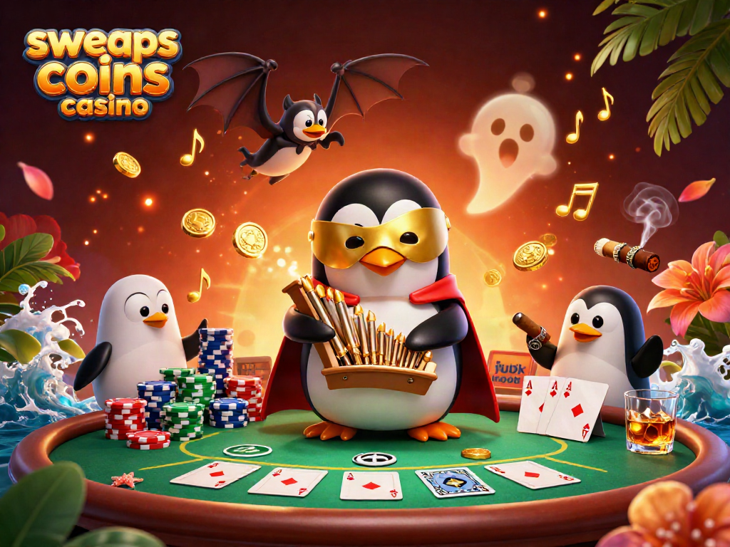 Experience the excitement at sweeps coins casino with our dynamic gambling illustration featuring a penguin and poker elements.