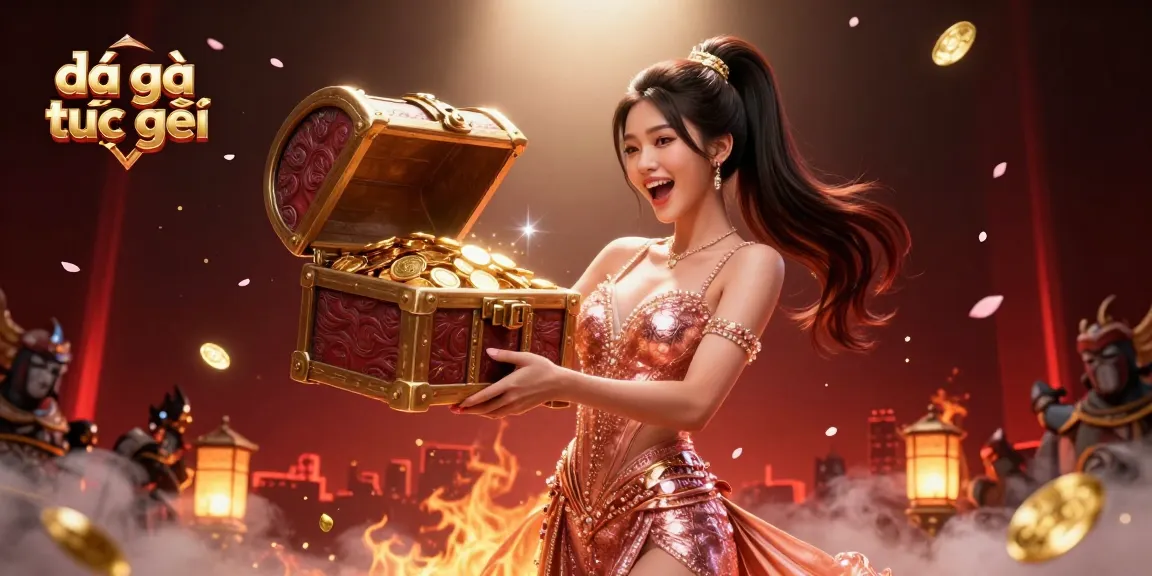 Experience đá gà trực tiếp with an exciting 3D illustration showcasing a beautiful Asian woman celebrating cockfighting treasures.