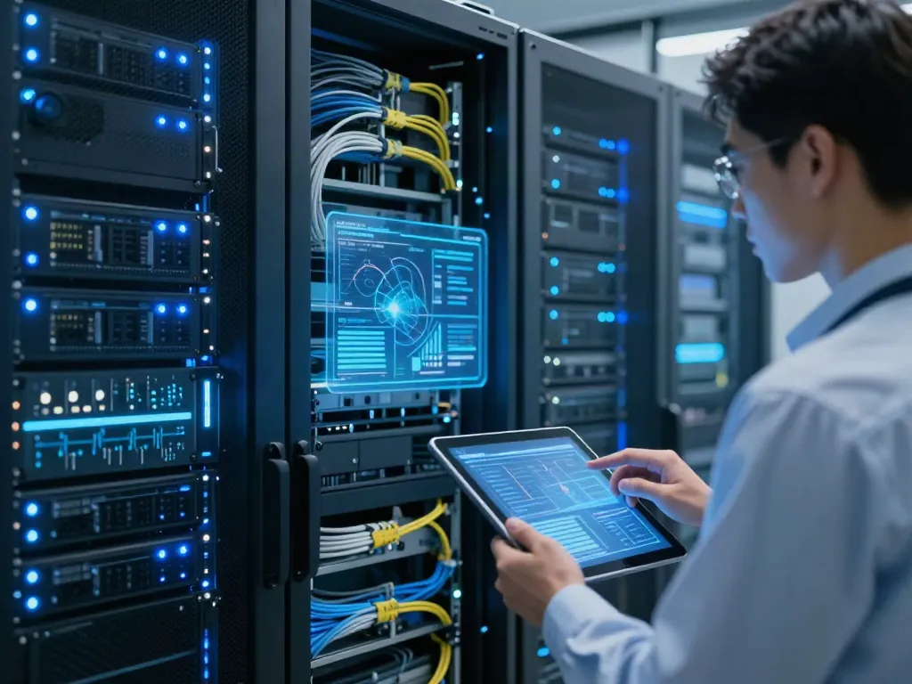 Network vulnerability assessment & penetration test in a modern data center with secure systems and advanced technology.