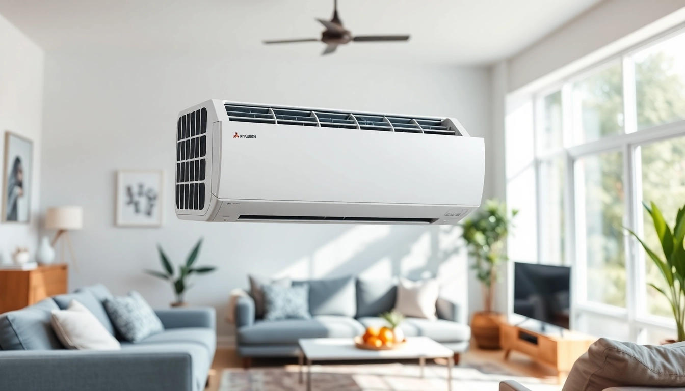 Installing a Mitsubishi mini split AC in a bright living room, showcasing its sleek design and modern features.