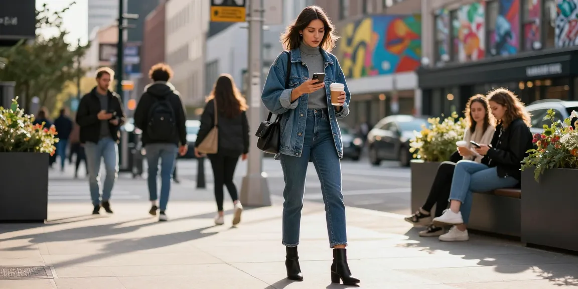 Fashionable young woman in urban style checking her phone at a city street cafe.
