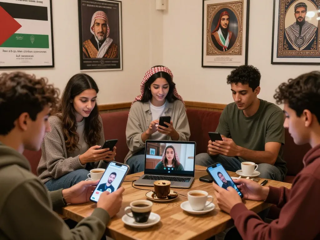 Engaging scene of دردشة فلسطين online interactions among diverse users enjoying friendly discussions.