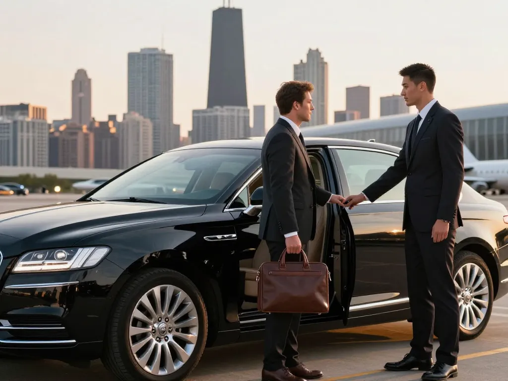 Luxury airport transportation Chicago with a chauffeur opening a Lincoln Continental door for a business traveler against a city skyline.